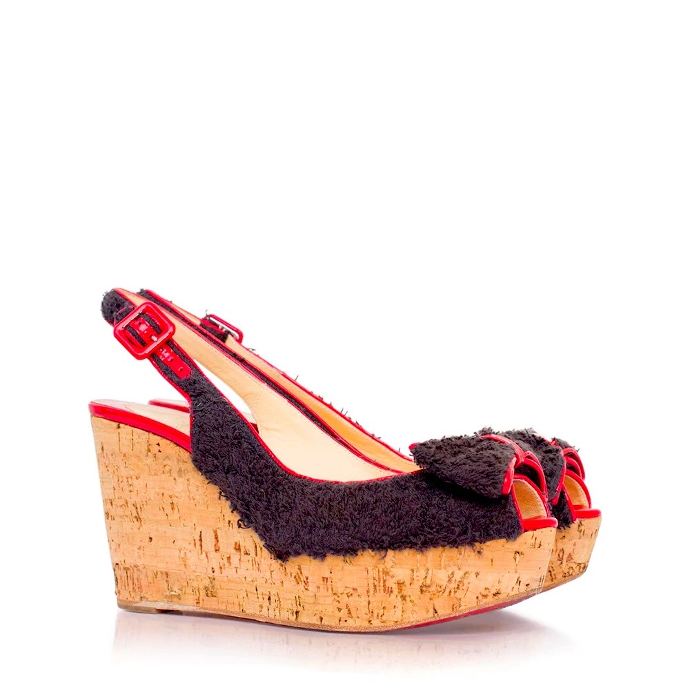 Louboutin Black Helicola Towel Cork Wedge Sandals